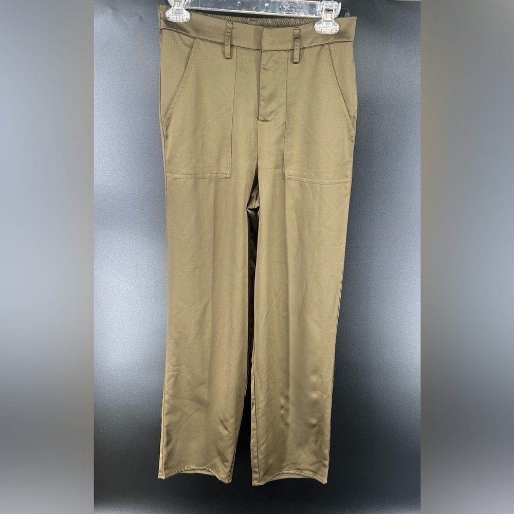 Joie olive green satin wide leg high rise pants silky size S Small with pockets